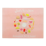 Personalised pink toughened glass chopping board with food illustrations, ideal for sublimation or laser engraving.