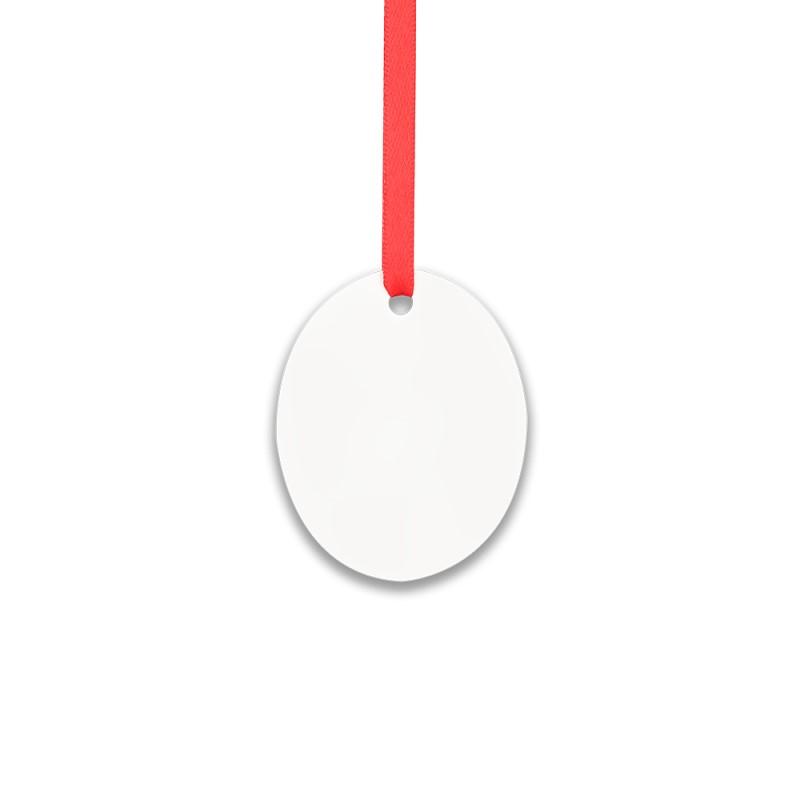 Blank oval sublimation ornament with red ribbon, ideal for laser engraving and crafts
