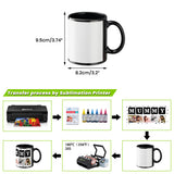Blank sublimation mug with dimensions and step-by-step sublimation transfer process diagram.