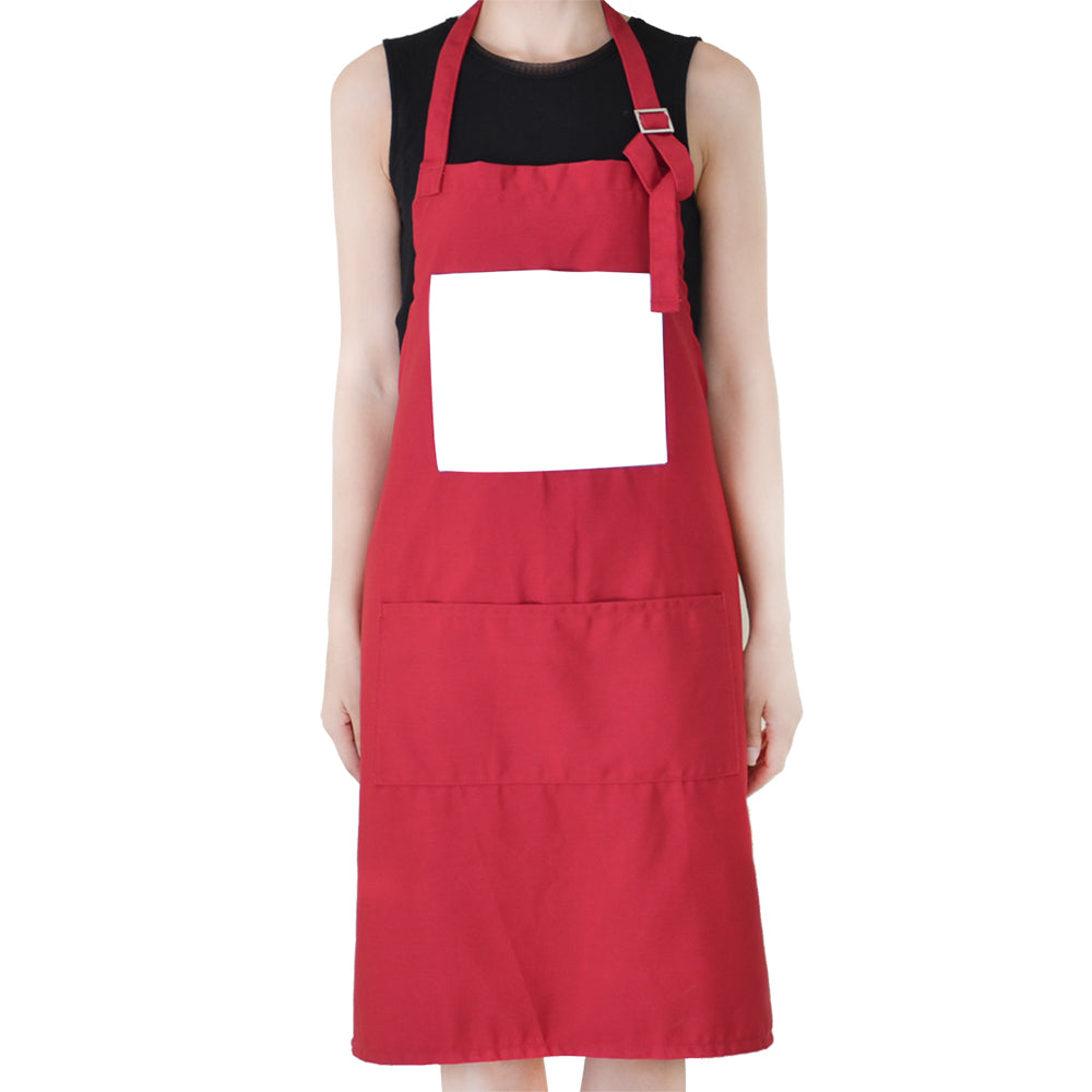 Red adult apron with front pocket and blank panel for sublimation or laser engraving.