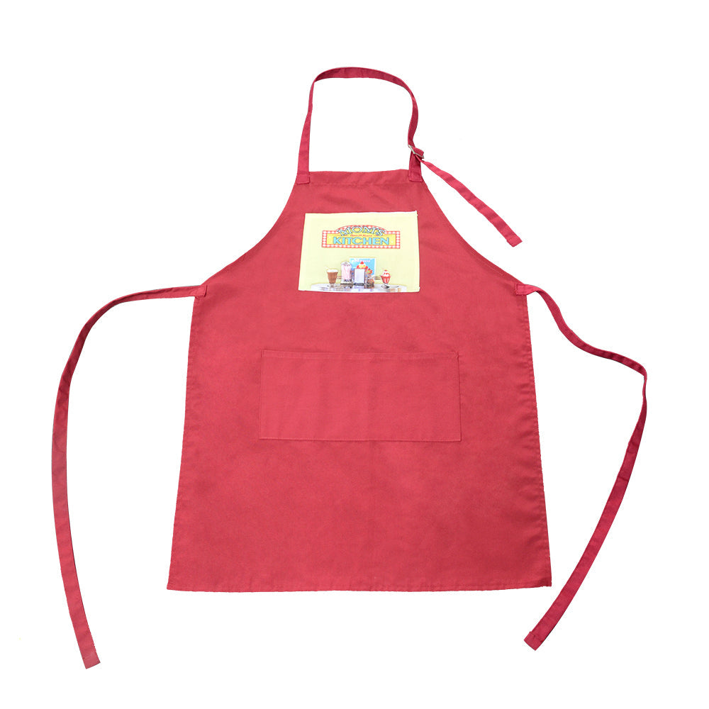 Red adult apron with front pocket and sublimation panel for custom printing