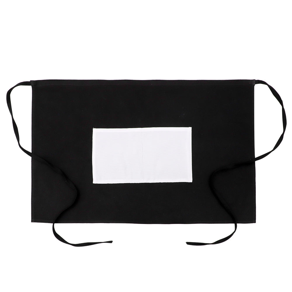 Black adult waist apron with white front pocket, ideal for sublimation or laser engraving.