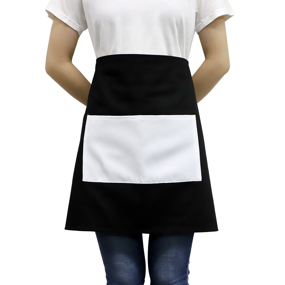 Black waist apron with large white front pocket, ideal for sublimation or laser engraving