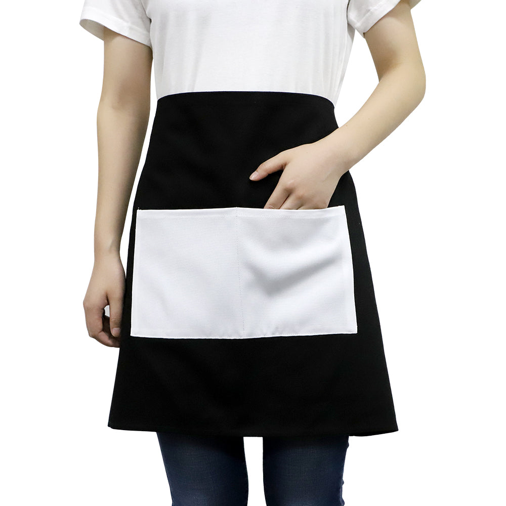 Adult black waist apron with large white sublimation pocket, ideal for laser engraving