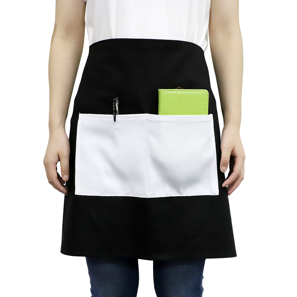 Black adult waist apron with large white front pocket for sublimation or laser engraving