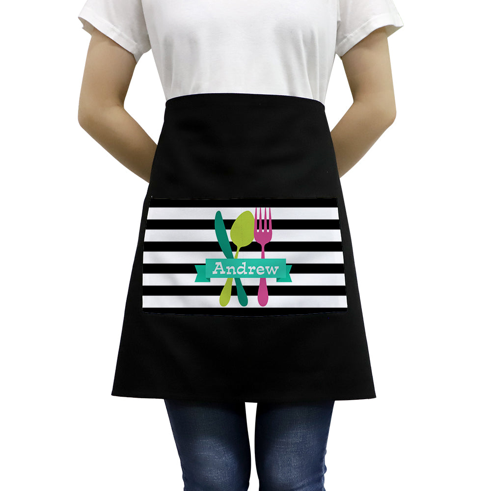 Black adult waist apron with striped pocket for sublimation or laser engraving, worn by model