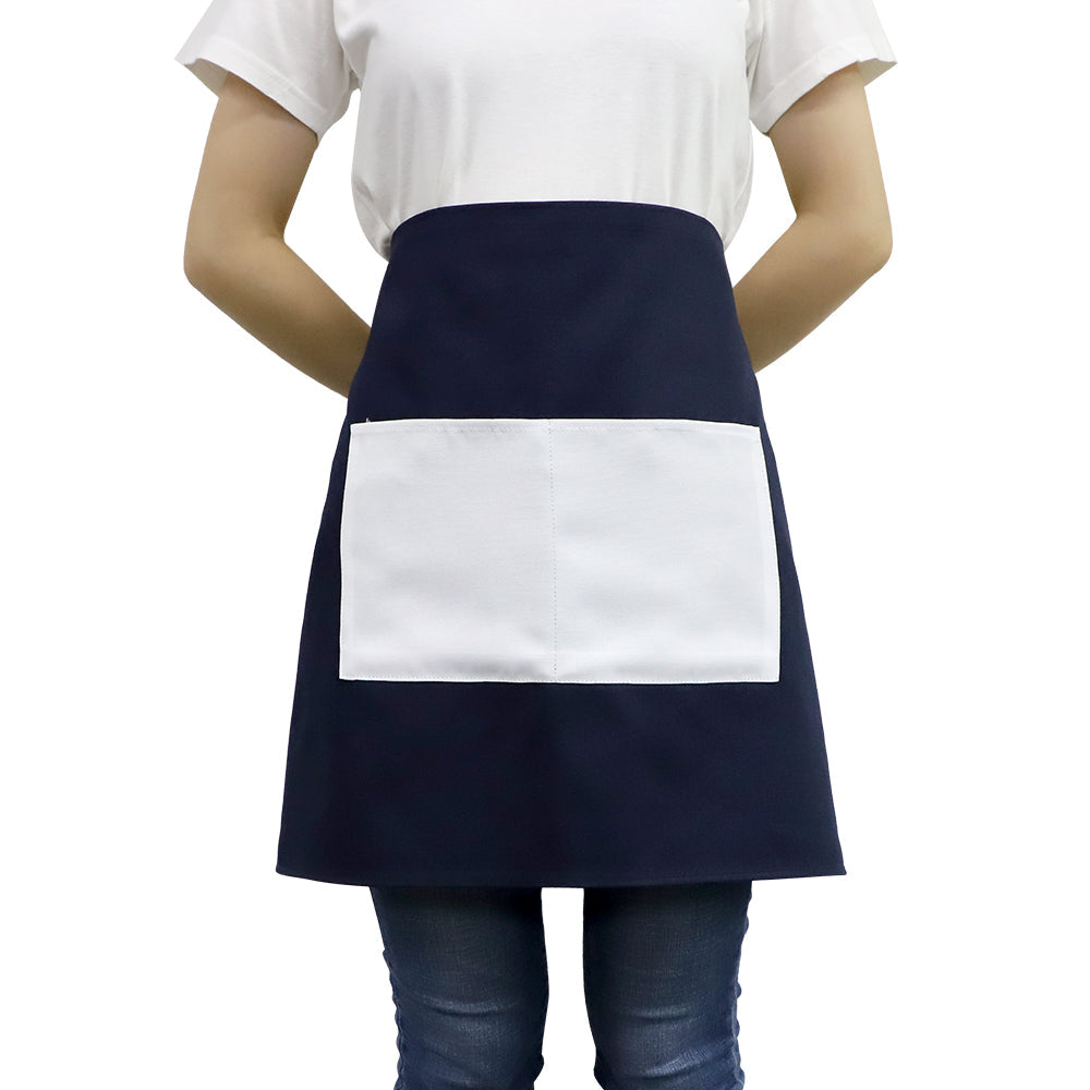Blue adult waist apron with large white sublimation pocket, ideal for laser engraving and customization.