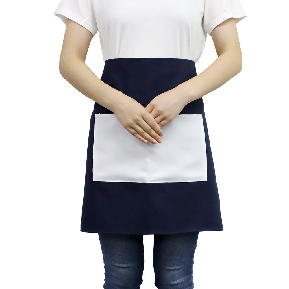 Blue adult waist apron with white sublimation pocket, ideal for laser engraving or printing