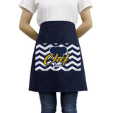 Adult blue waist apron with front pocket, zigzag pattern, and chef hat sublimation print