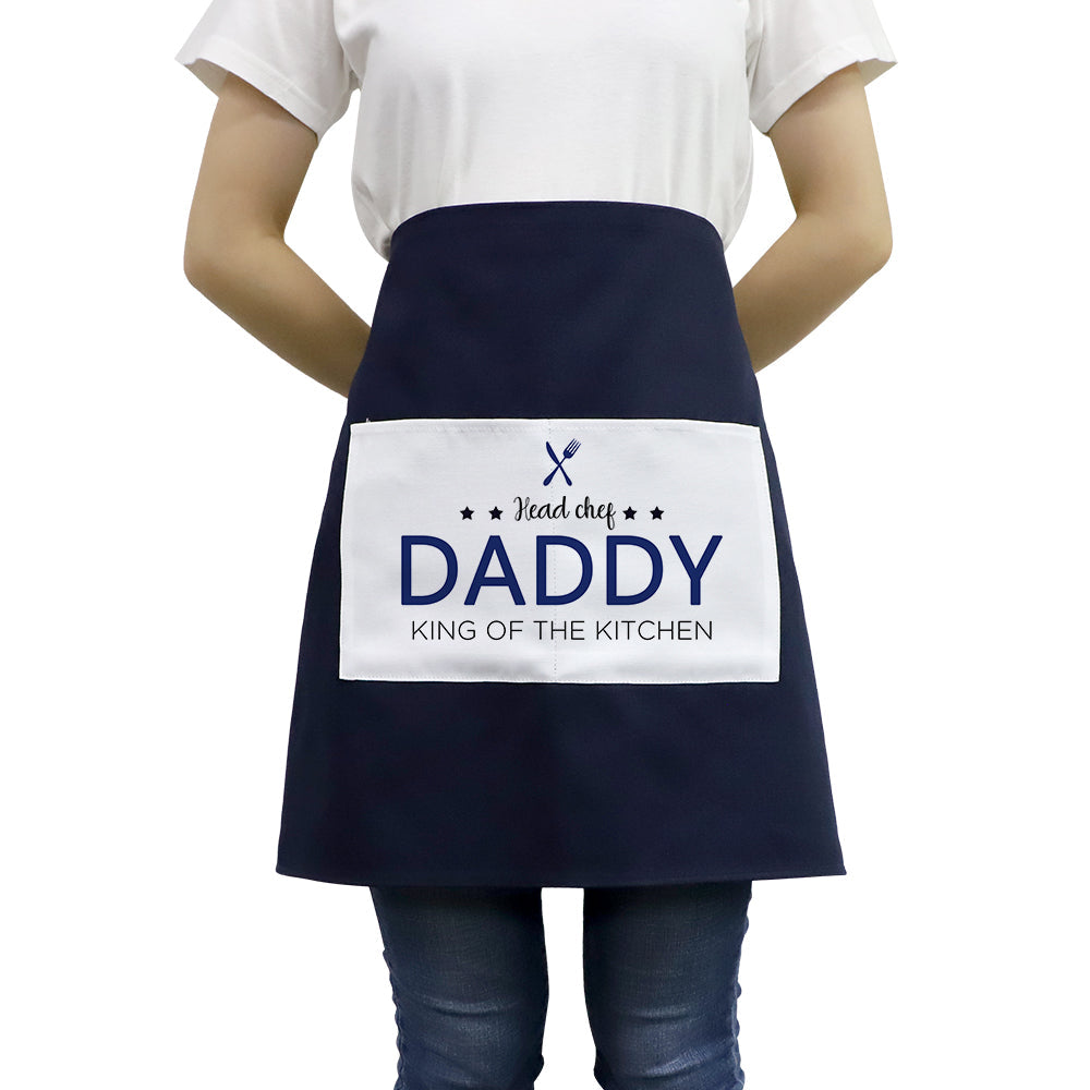 Adult blue waist apron with front pocket, sublimation blank for laser engraving, shown worn
