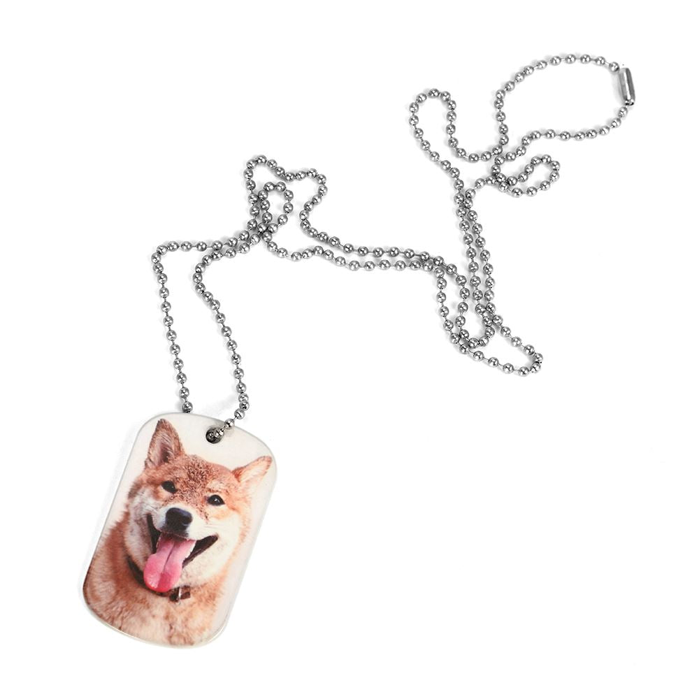 Aluminium ID tag necklace with sublimation dog image on a ball chain, blank for engraving.