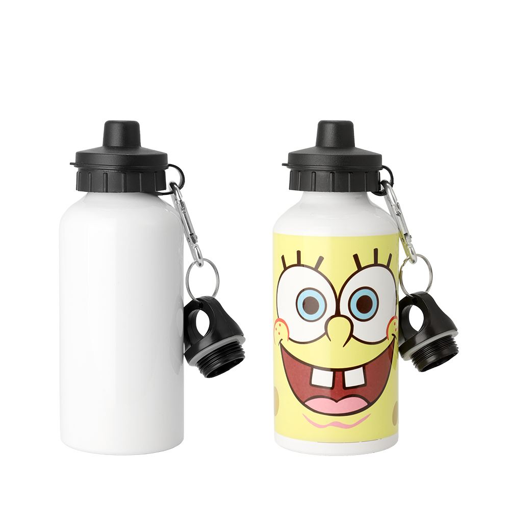 400ml white aluminium water bottle for sublimation or laser engraving, with black lid and keyring