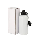 White 400ml aluminium water bottle with black lid, sublimation blank for engraving, next to plain box