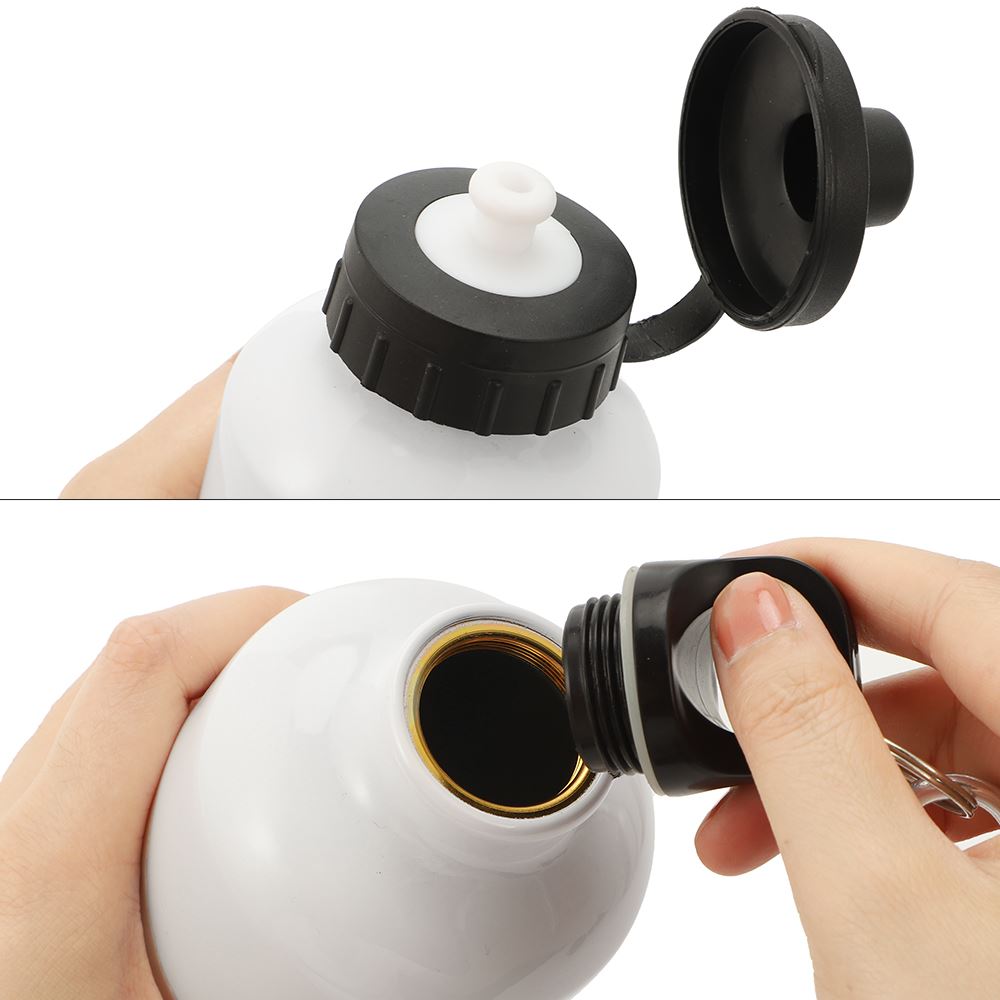 White aluminium water bottle with black lid, ideal for sublimation printing or laser engraving