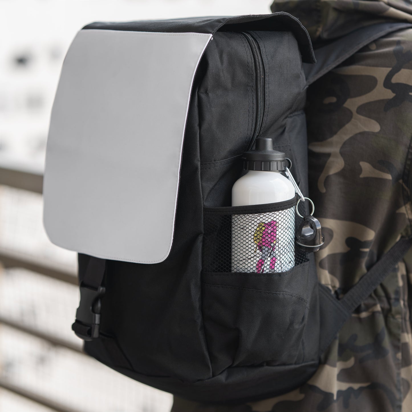 White 400ml aluminium water bottle with black lid in mesh pocket, ideal for sublimation printing.