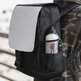 White 400ml aluminium water bottle with black lid in mesh pocket, ideal for sublimation printing.