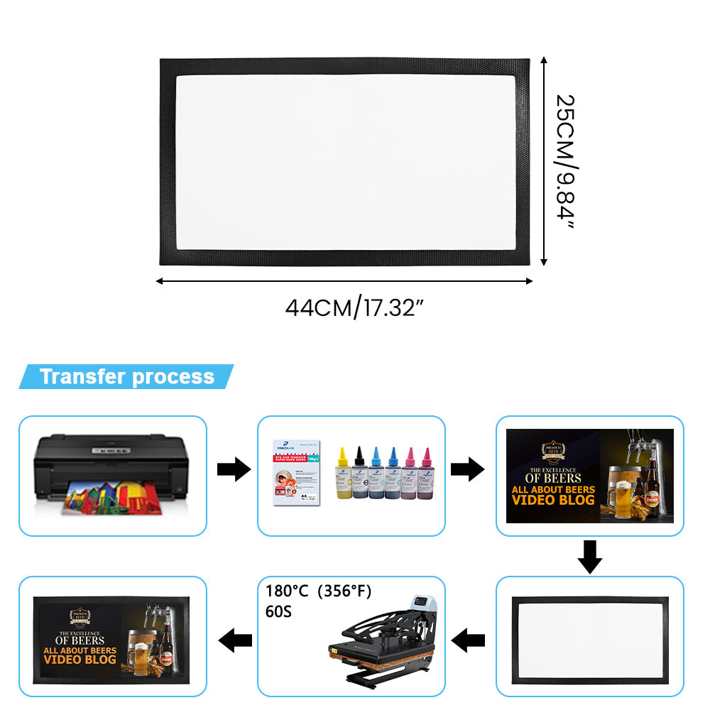 Blank bar runner mat for sublimation printing, 44x25cm with transfer process steps shown
