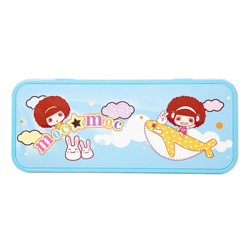 Blue metal tin pencil case with cartoon design, ideal for sublimation and laser engraving