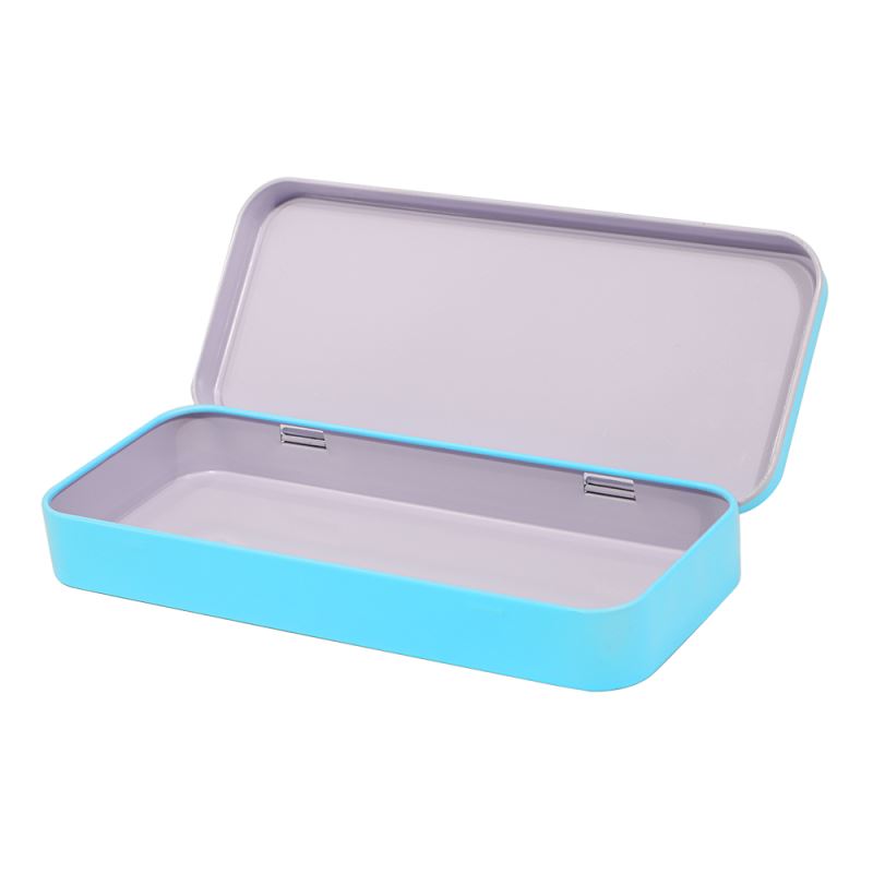 Open blue metal tin box for sublimation or laser engraving, suitable for stationery
