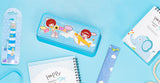 Blue metal stationary tin for sublimation, surrounded by notebooks and bookmarks on blue background