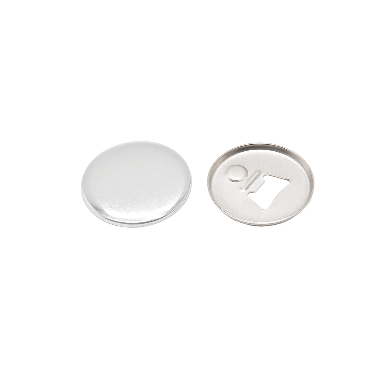 Blank 58mm bottle opener keychain badge components showing front and back parts, ready for customization with badge maker machines.