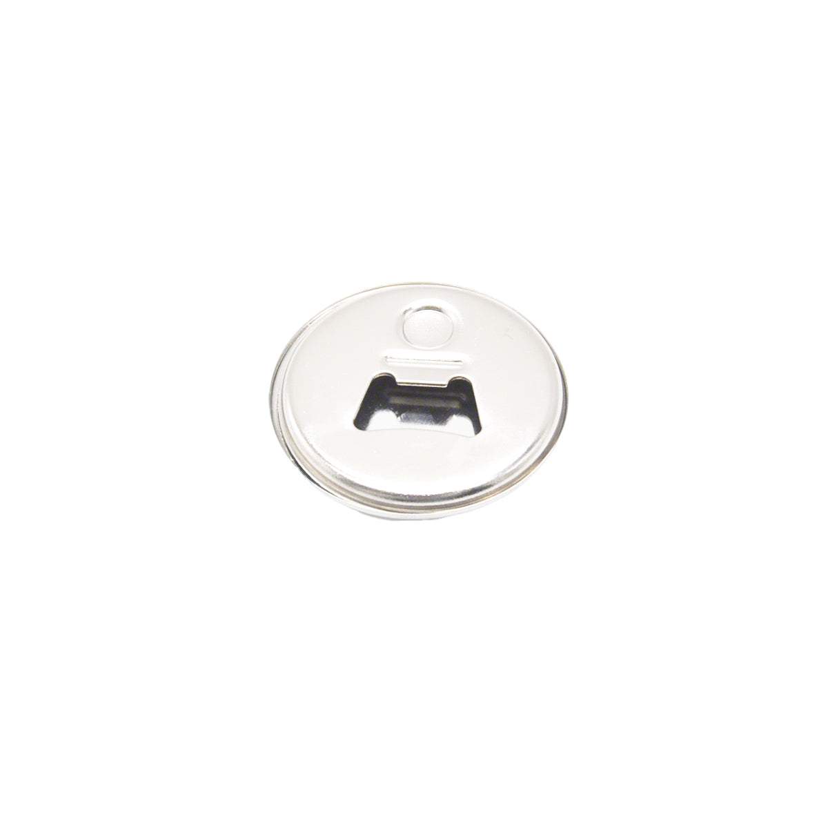 Close-up of 58mm metal bottle opener keychain back with keyring hole, perfect for creating custom promotional accessories.