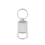 Metal keyring bottle opener with blank rectangle panel for sublimation or laser engraving