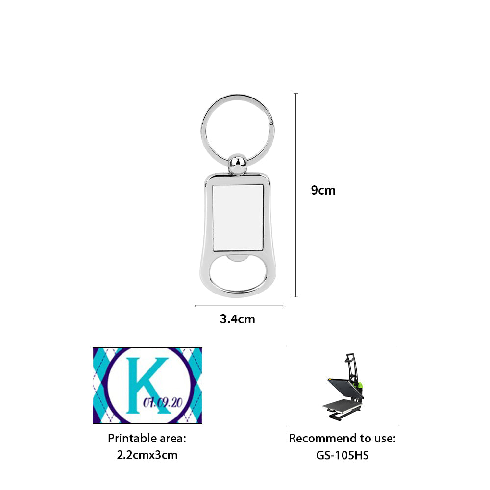 Metal bottle opener keyring for sublimation and laser engraving, 9x3.4cm, blank printable area, suggested GS-105HS heat press use.
