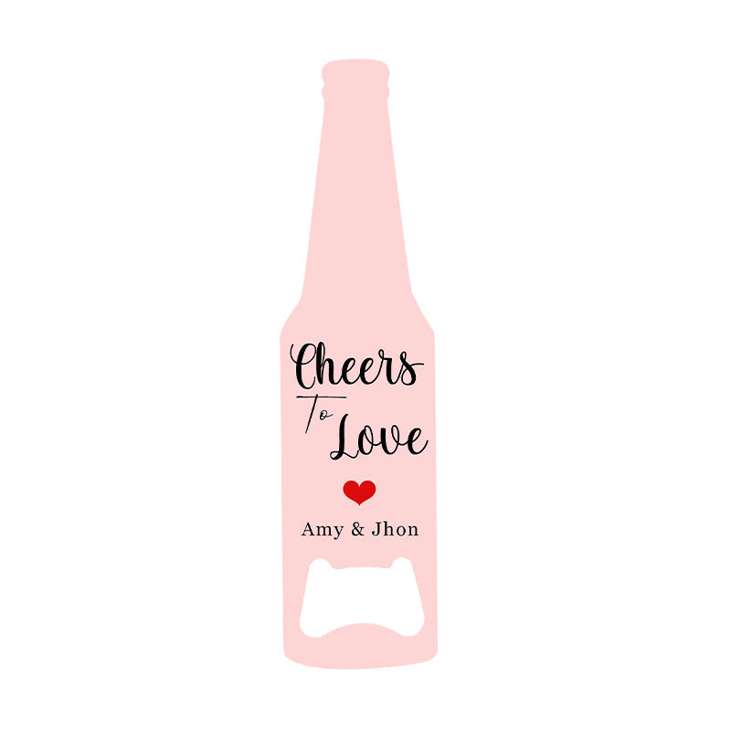White bottle-shaped bottle opener with 'Cheers to Love' and a red heart, for sublimation or laser engraving.