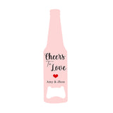 White bottle-shaped bottle opener with 'Cheers to Love' and a red heart, for sublimation or laser engraving.