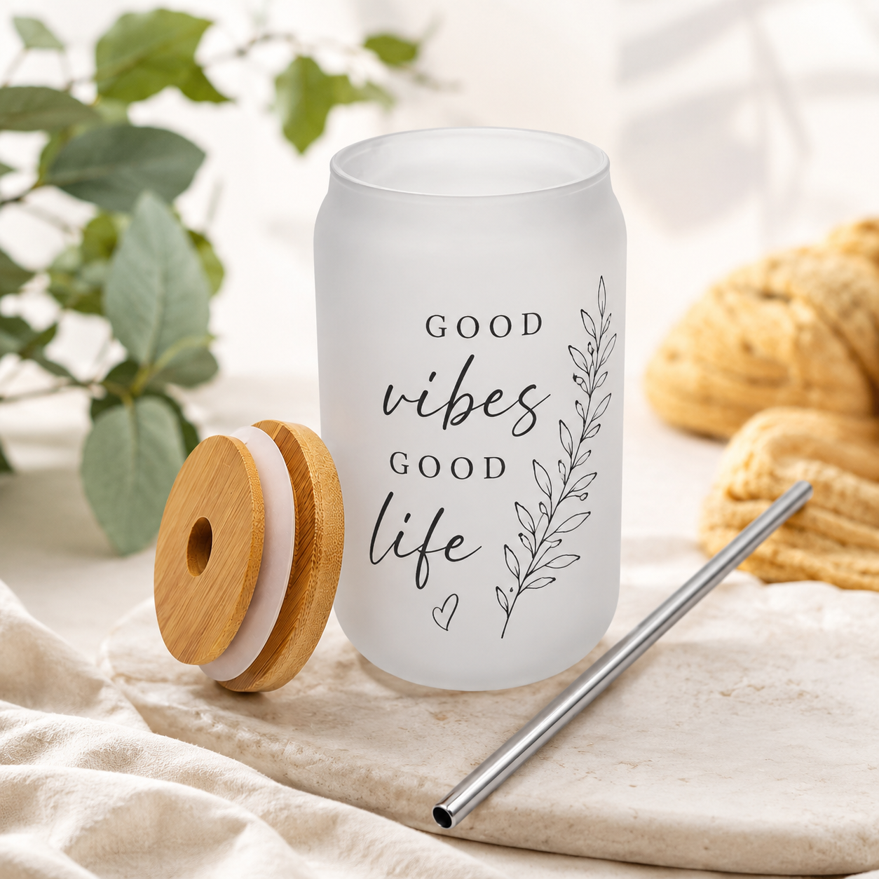 400ml Frosted Glass with Bamboo Lid