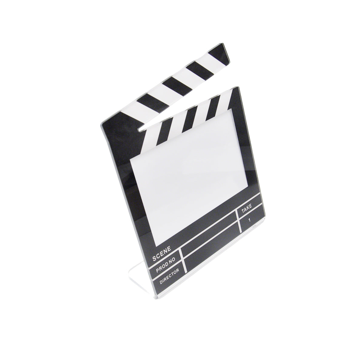 Angled view of sublimation clapperboard photo frame with acrylic base, showcasing unique triangular shape for stylish home or office décor.