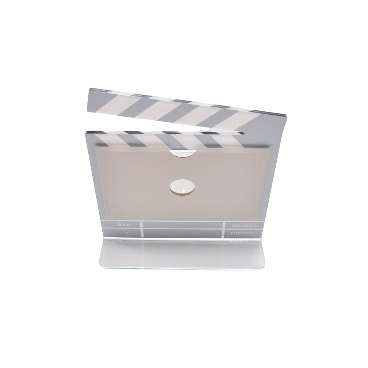 Back view of Sublimation Clapperboard Photo Frame showing triangular acrylic stand and sublimation-ready aluminium insert for personalised photo gifts.
