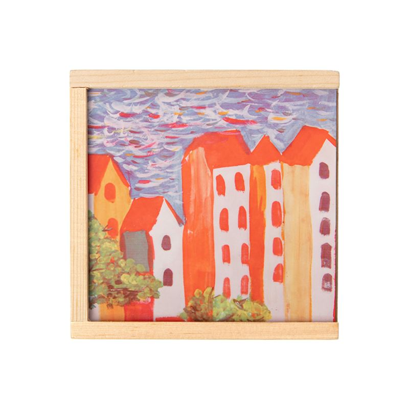 Blank wooden sublimation coaster gift box featuring a colorful cityscape print lid