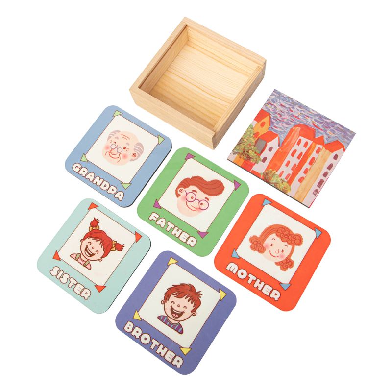 Blank sublimation coasters with family designs and wooden gift box, ideal for laser engraving.