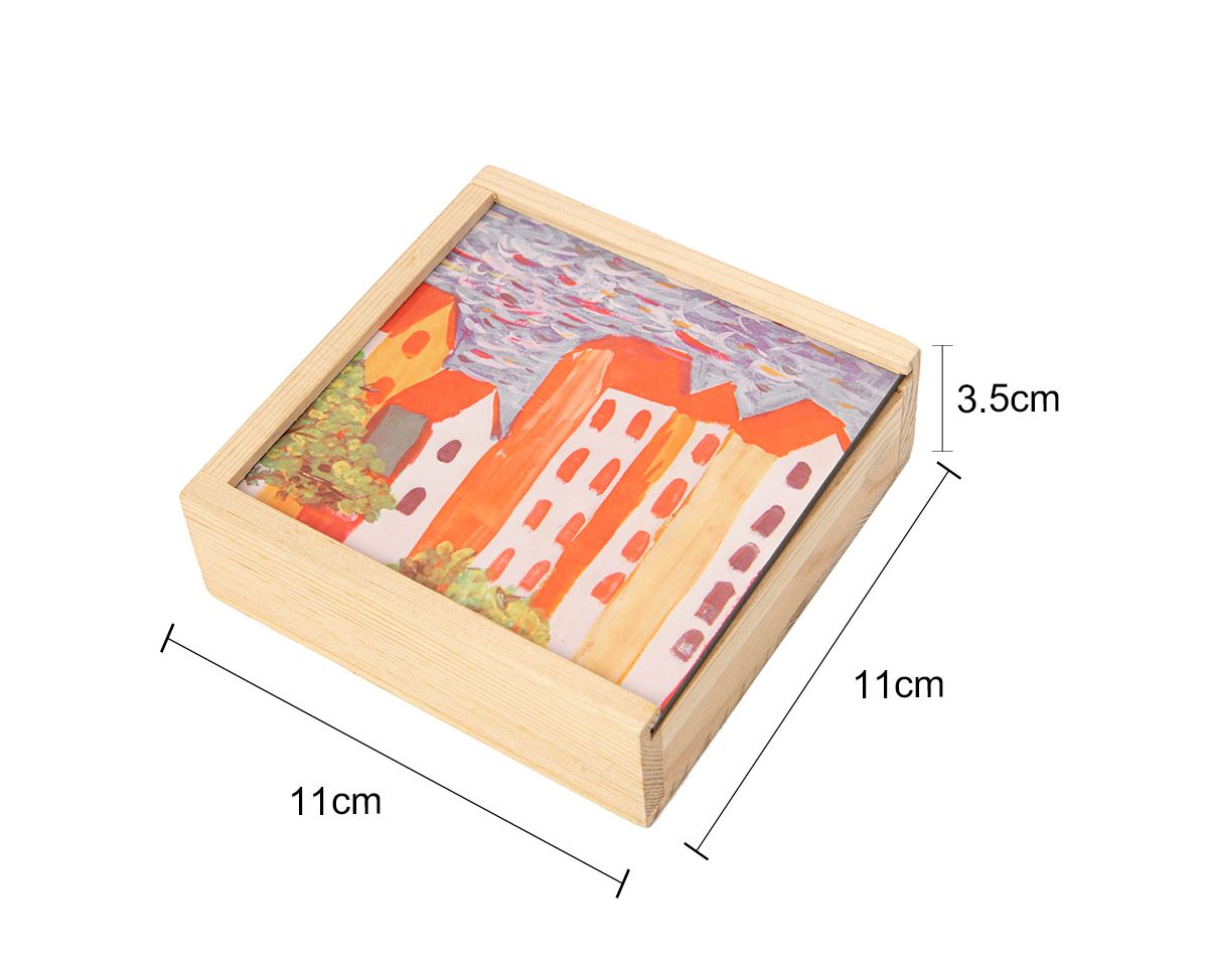 Wooden sublimation blank coaster gift box with colorful printed lid, 11x11x3.5cm, for laser engraving.