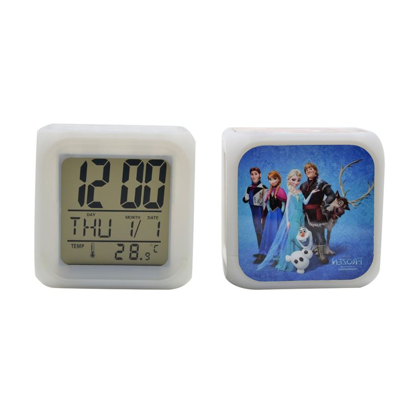 Digital LED alarm clock blank for sublimation or laser engraving, with cartoon graphic panel