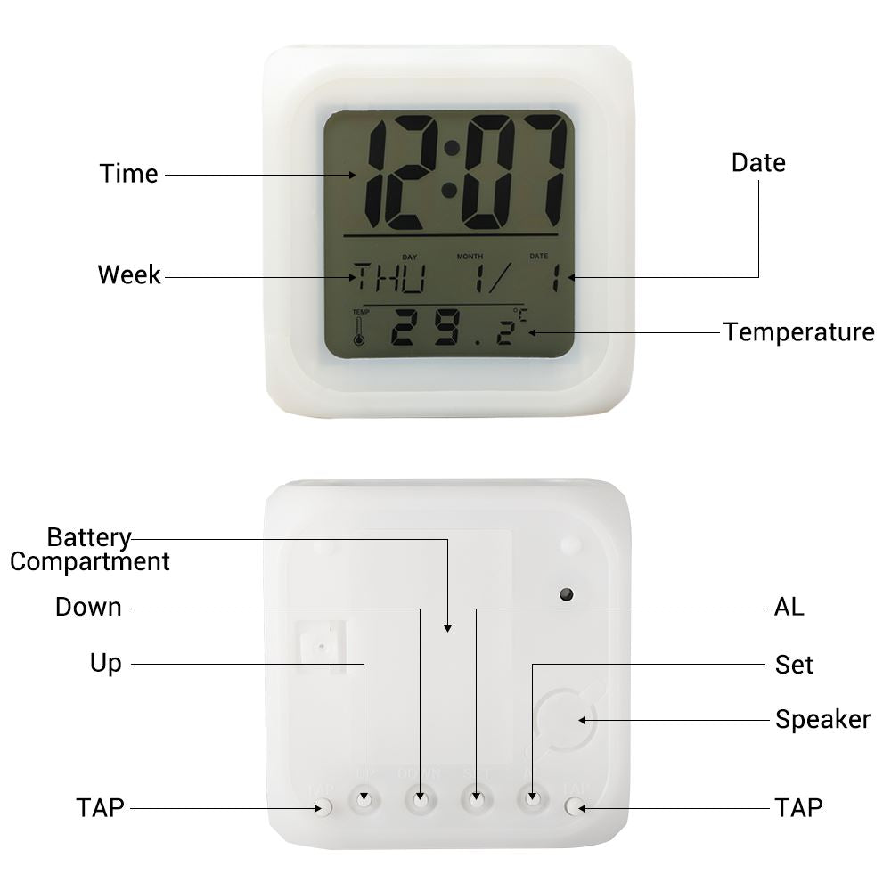 Blank white digital LED alarm clock for sublimation or laser engraving, front and back views labeled.