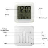 Blank white digital LED alarm clock for sublimation or laser engraving, front and back views labeled.