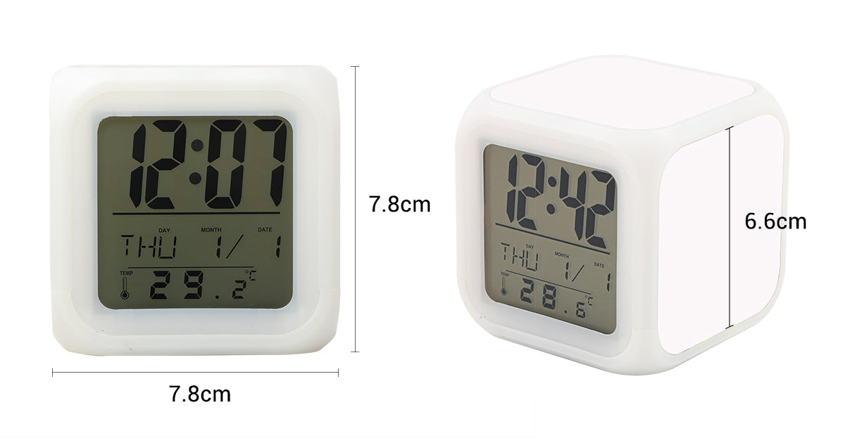 Blank digital LED alarm clock cube with large display, ideal for sublimation or laser engraving.
