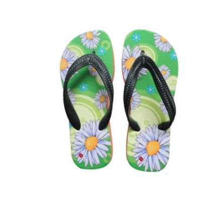 Green sublimation flip flops with white daisy floral pattern and black straps