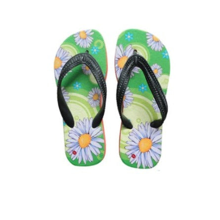 Green sublimation flip flops with daisy flower print, ideal for custom laser engraving projects