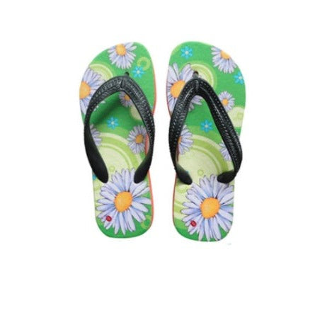Green sublimation flip flops with white daisy floral print, blank for laser engraving.