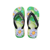 Sublimation-ready flip flops with green daisy floral design and black straps for engraving