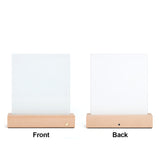 Front and back view of blank glass photo panel with LED wooden base, ideal for sublimation and custom home decor gifts.