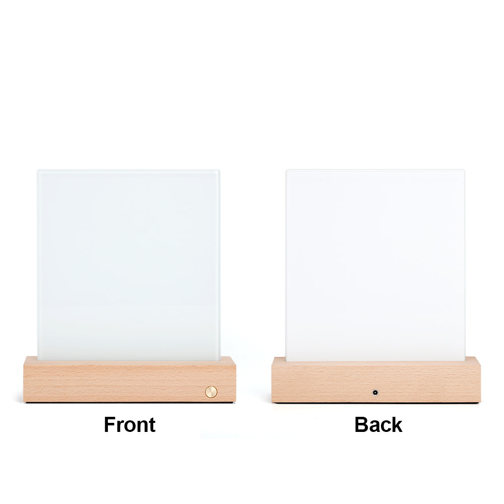 Front and back view of blank glass photo panel with LED wooden base, ideal for sublimation and custom home decor gifts.