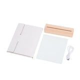 Glass Photo panel with LED Base kit includes a wooden LED base, USB cable, blank glass panel, and packaging for sublimation printing.