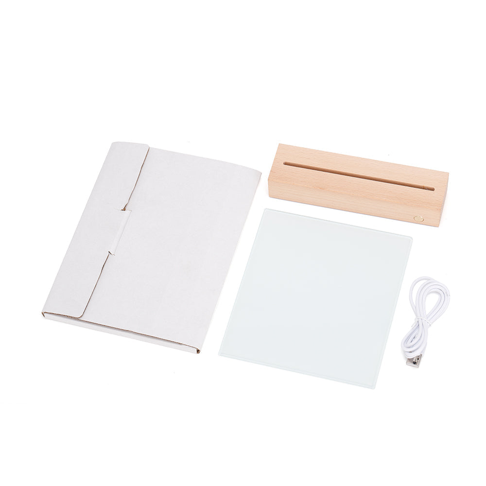 Glass Photo panel with LED Base kit includes a wooden LED base, USB cable, blank glass panel, and packaging for sublimation printing.