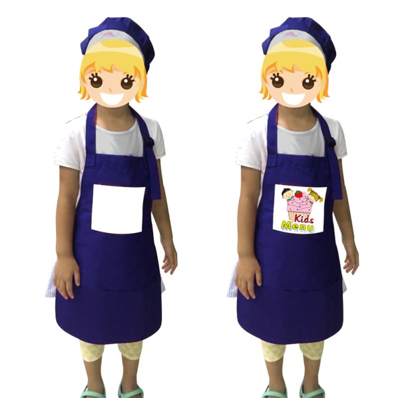 Kids blue apron and chef hat set, ideal for sublimation or laser engraving, displayed on children