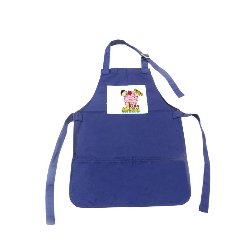 Blue kids apron for sublimation or laser engraving with 'Kids Menu' graphic on chest